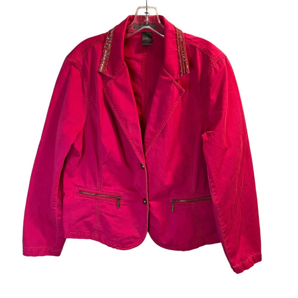 Liz Claiborne, Pink Blazer Jean Jacket, Beaded Collar, XL